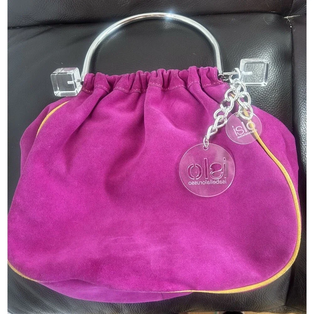 Isabella Lorusso Pink Suede Bag w/yellow Piping Transparent Chain & Cube Accents